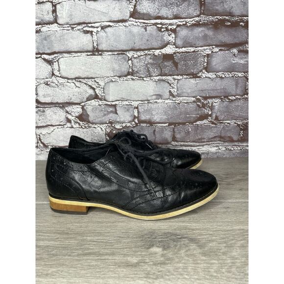 Mona Flying Black Leather Lace Up Brogue Wingtip Derby Shoes Women 39EU/8.5M US - Picture 3 of 16